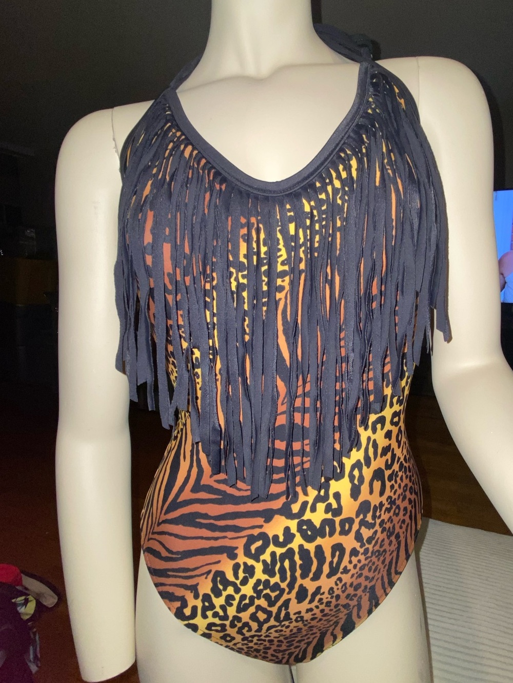 VENUS Animal Print Fringe Halter One-Piece Swimsuit in Black, Brown, Yellow